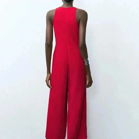 Red Elegant Women's Solid Color Open Shoulder Casual Summer Jumpsuit - Picture 6 of 7